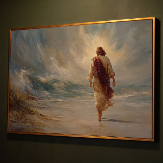 Jesus Walking on the Beach. Coastal Christian Canvas Art shown in antique gold floating frame