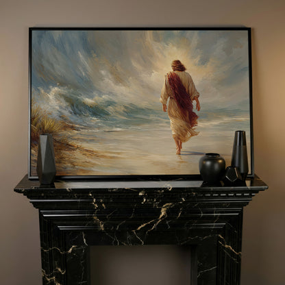 Jesus Walking on the Beach. Coastal Christian Canvas Art in black floating frame