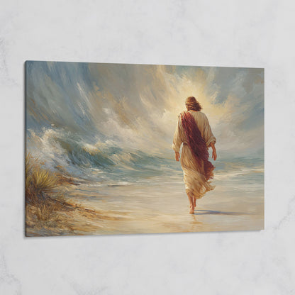 Jesus Walking on the Beach. Coastal Christian Canvas Art on gallery wrap