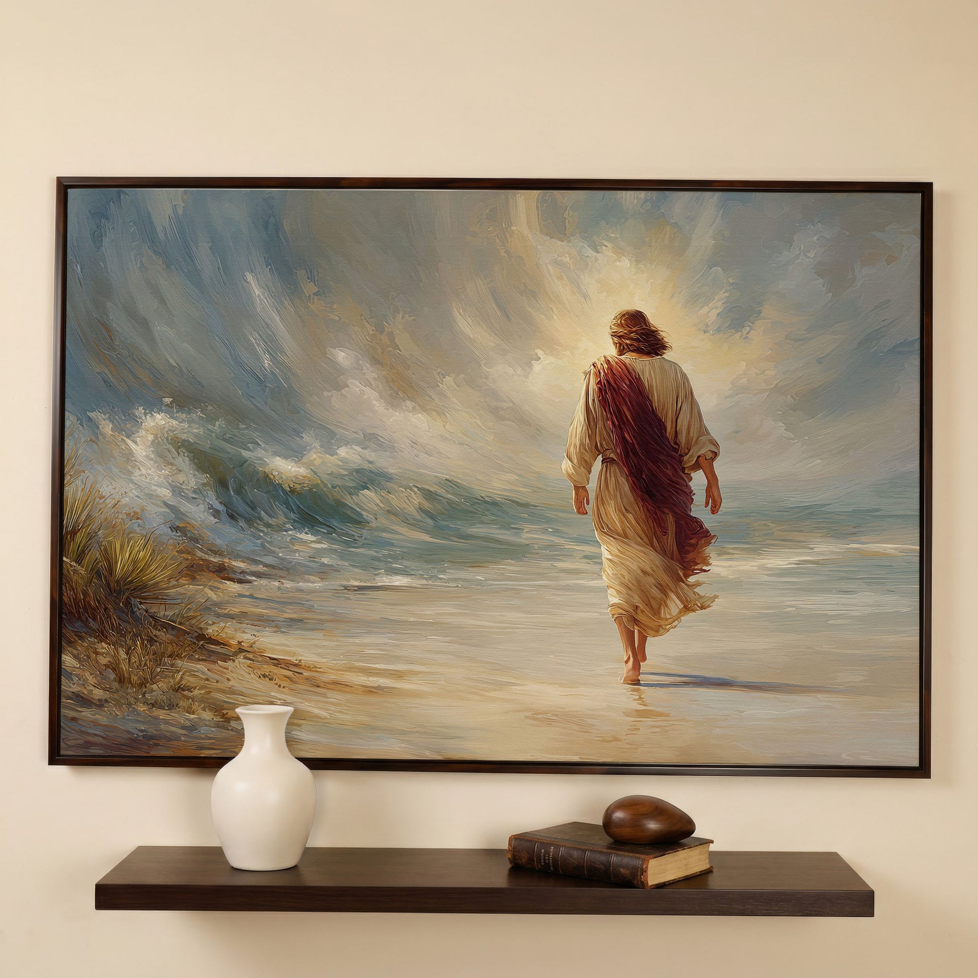 Jesus Walking on the Beach. Coastal Christian Canvas Art in dark walnut floating frame