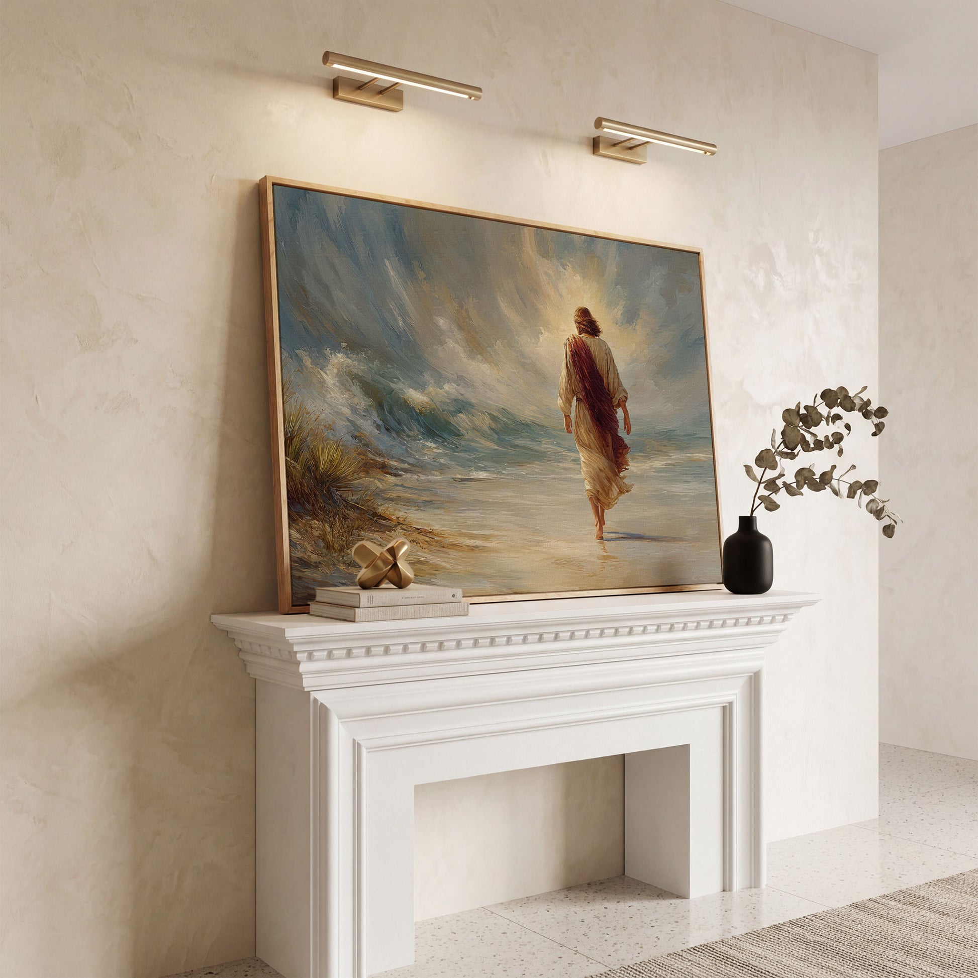 Jesus Walking on the Beach. Coastal Christian Canvas Art in white oak floating frame