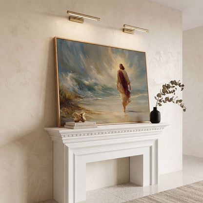 Jesus Walking on the Beach. Coastal Christian Canvas Art in white oak floating frame
