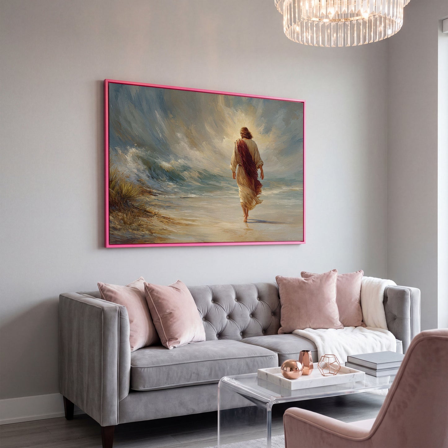Jesus Walking on the Beach. Coastal Christian Canvas Art in pink floating frame