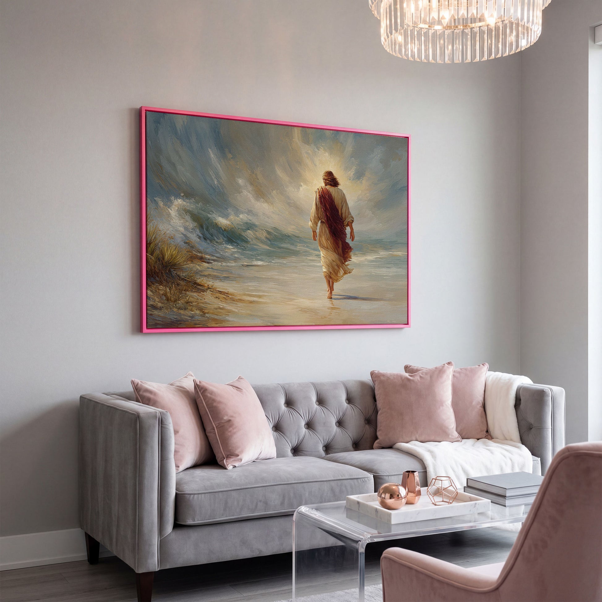 Jesus Walking on the Beach. Coastal Christian Canvas Art in pink floating frame