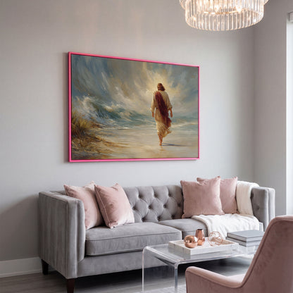 Jesus Walking on the Beach. Coastal Christian Canvas Art in pink floating frame