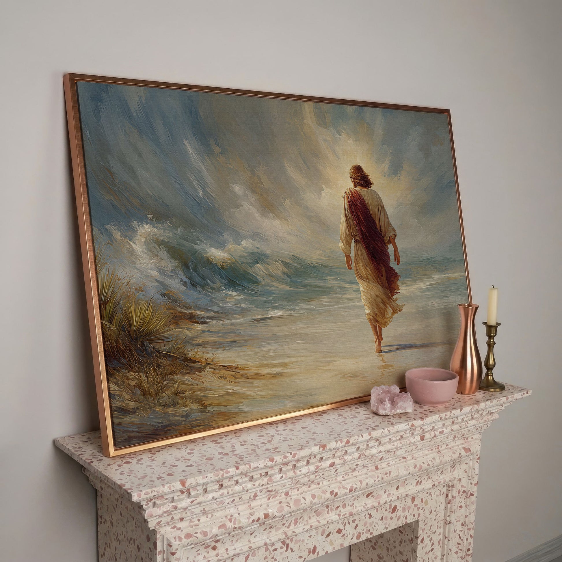 Jesus Walking on the Beach. Coastal Christian Canvas Art in rose gold floating frame