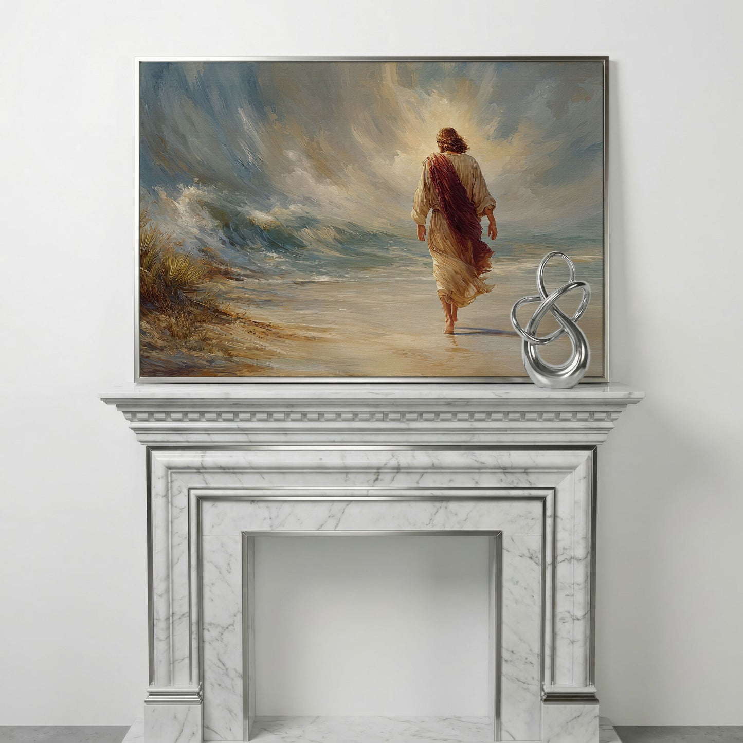 Jesus Walking on the Beach. Coastal Christian Canvas Art in silver floating frame