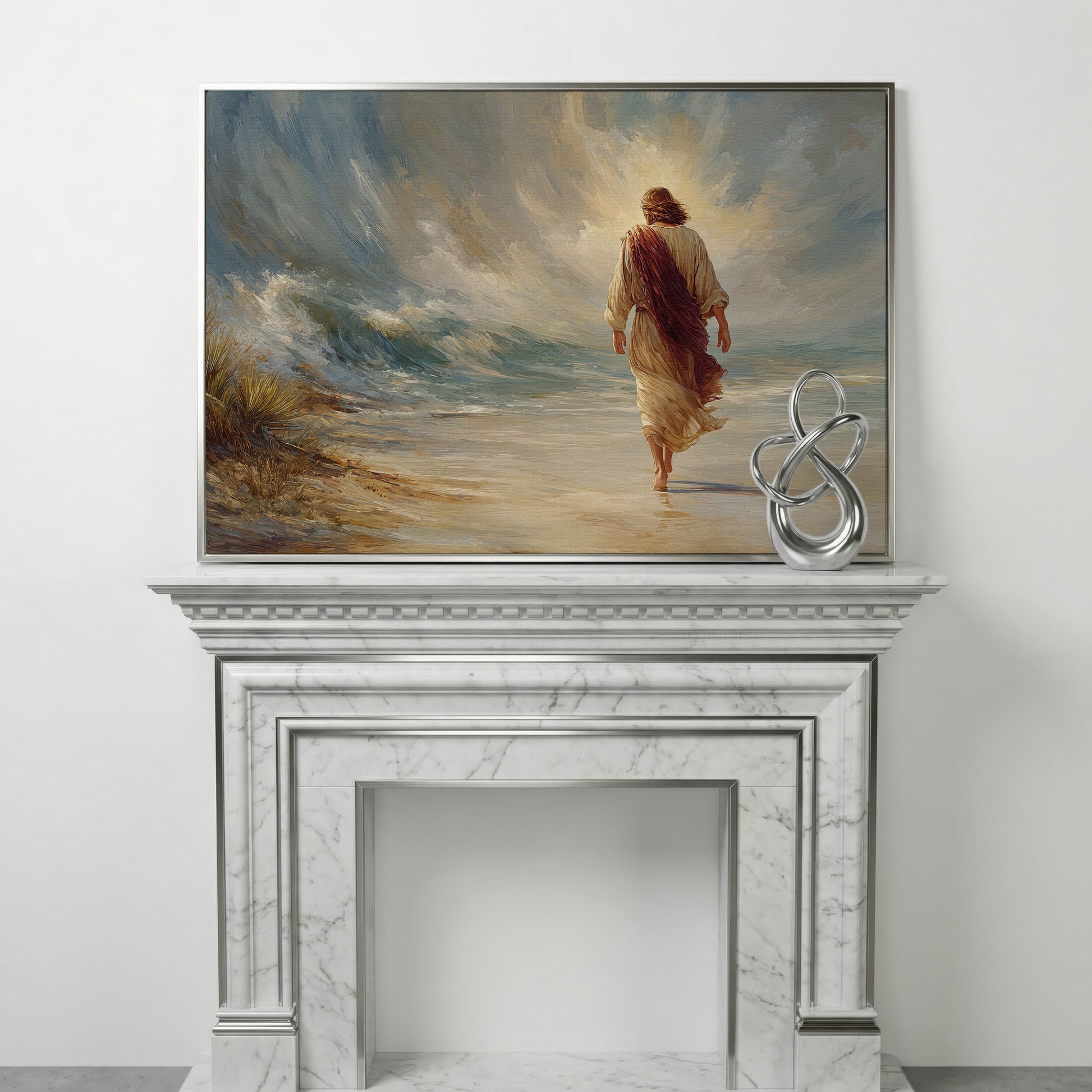 Jesus Walking on the Beach. Coastal Christian Canvas Art in silver floating frame