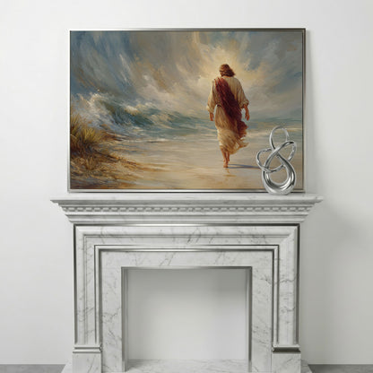 Jesus Walking on the Beach. Coastal Christian Canvas Art in silver floating frame