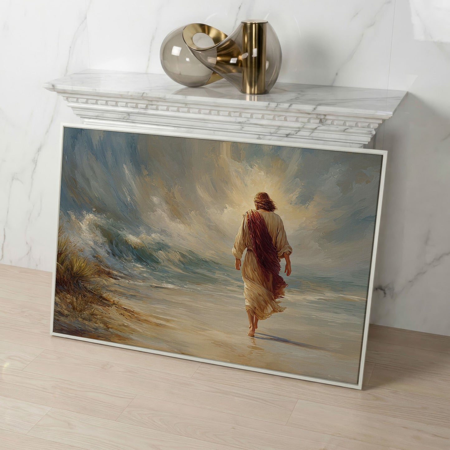 Jesus Walking on the Beach. Coastal Christian Canvas Art in white floating frame