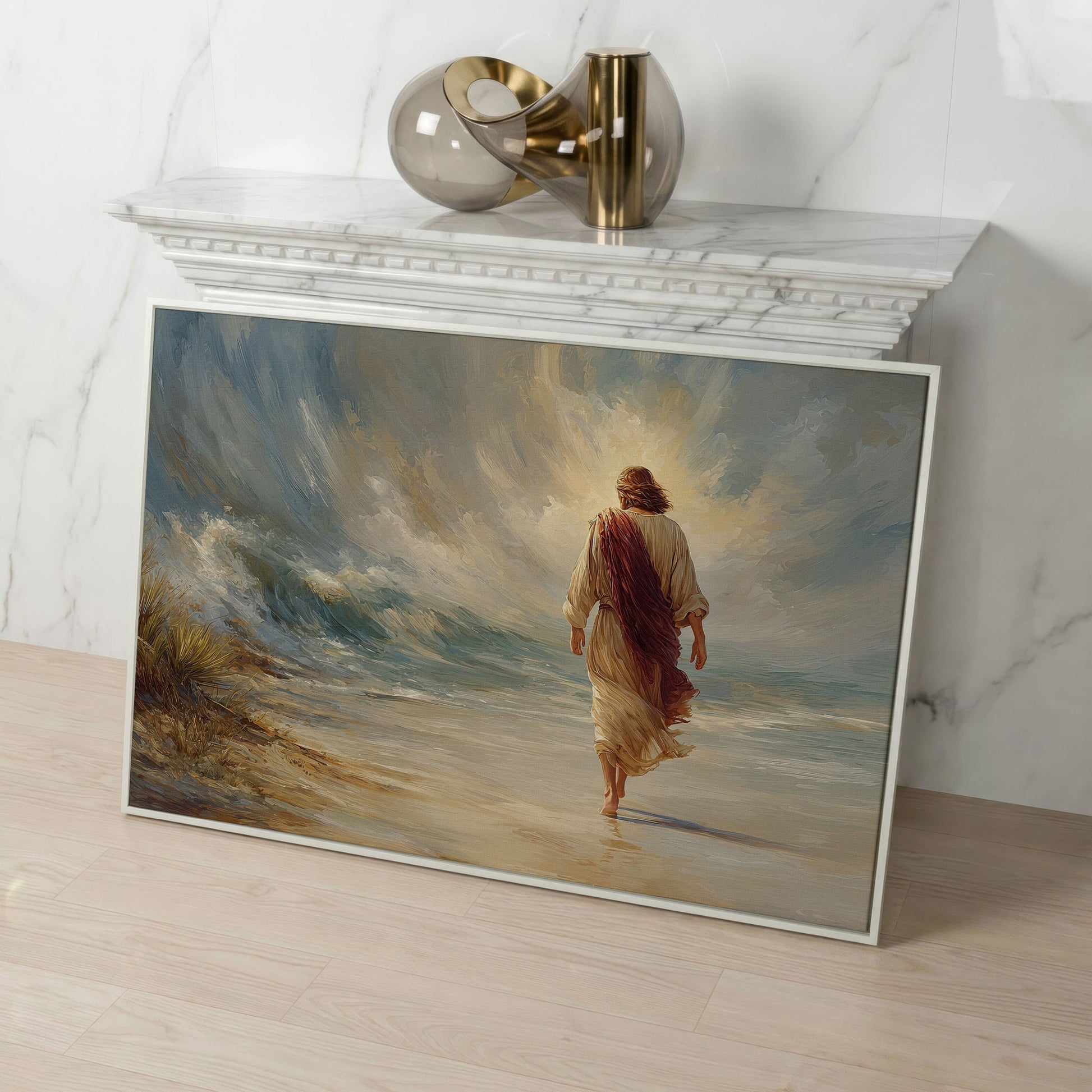 Jesus Walking on the Beach. Coastal Christian Canvas Art in white floating frame