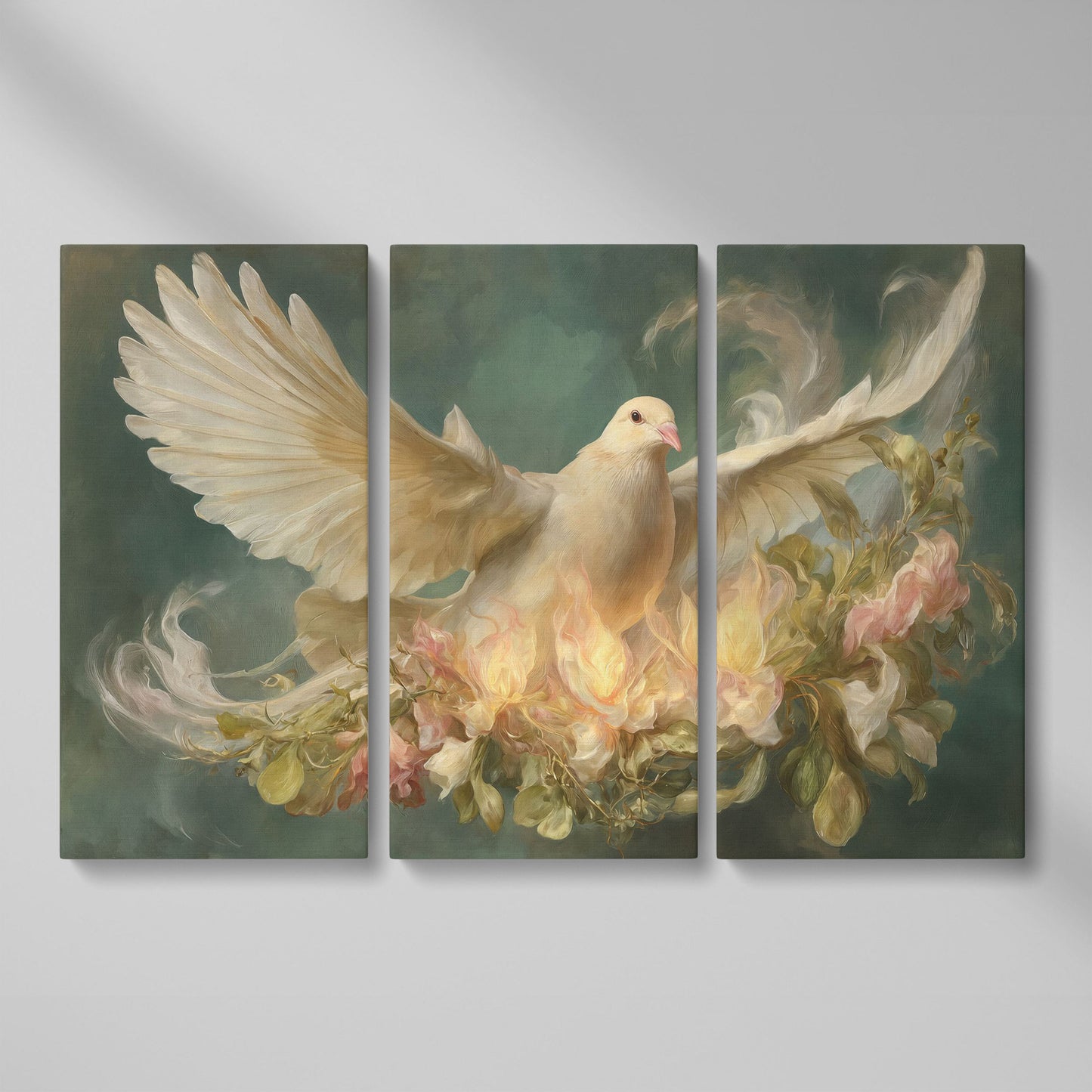 White Dove and Florals Canvas Art, Holy Spirit Wall Art as 3-panel split version