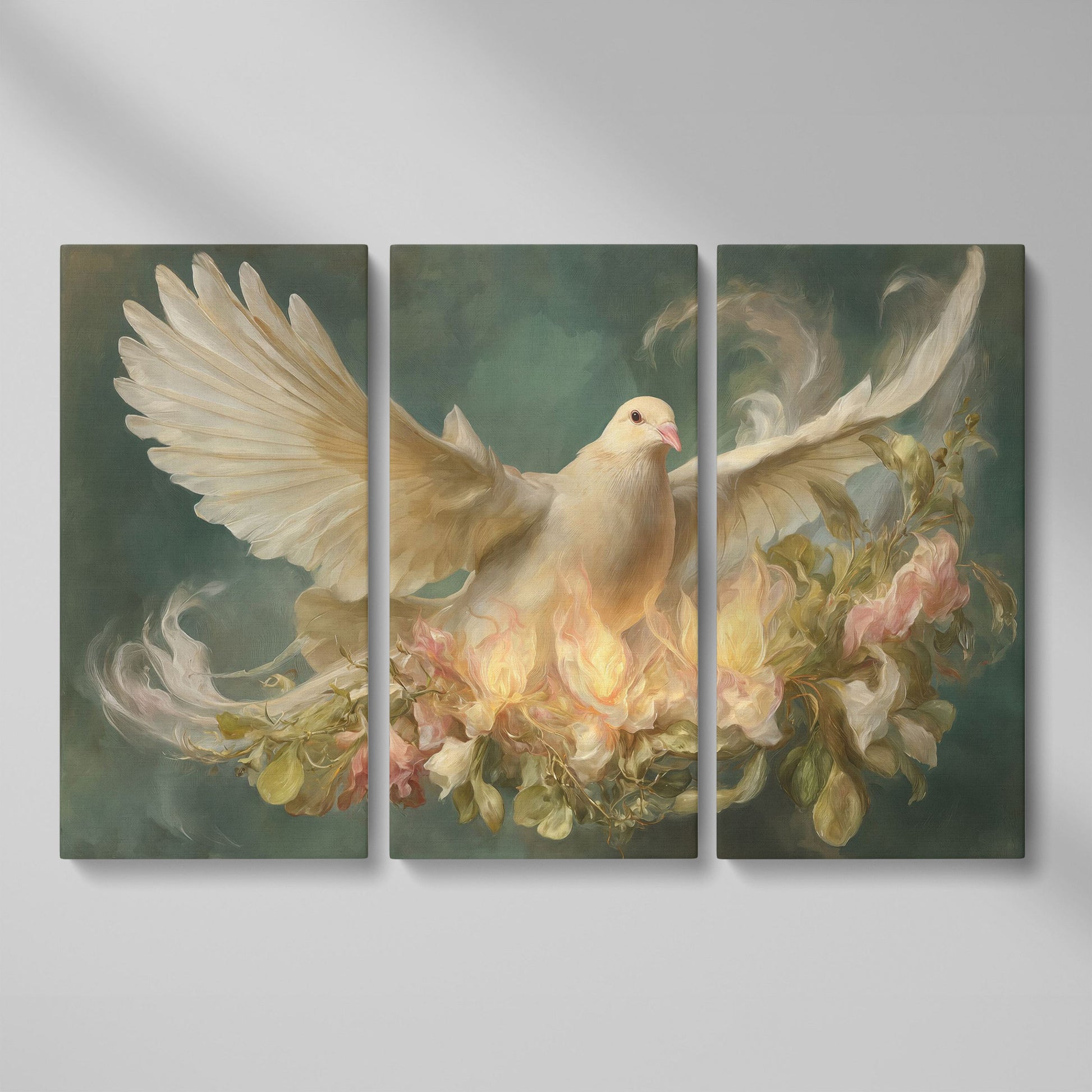 White Dove and Florals Canvas Art, Holy Spirit Wall Art as 3-panel split version
