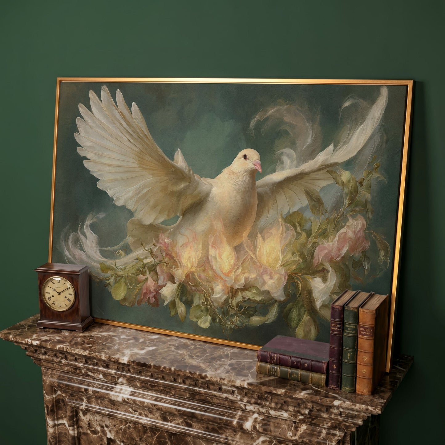 White Dove and Florals Canvas Art, Holy Spirit Wall Art in antique gold floating frame