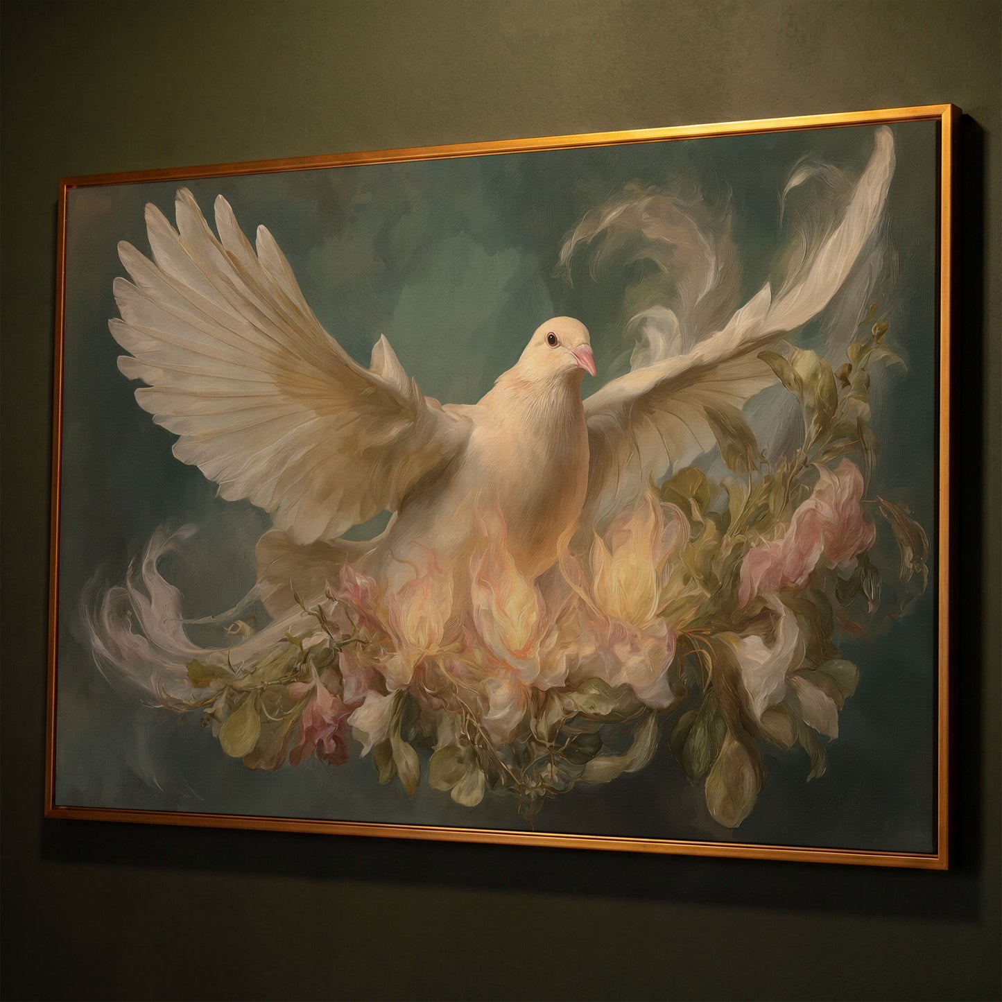 White Dove and Florals Canvas Art, Holy Spirit Wall Art shown in antique gold floating frame