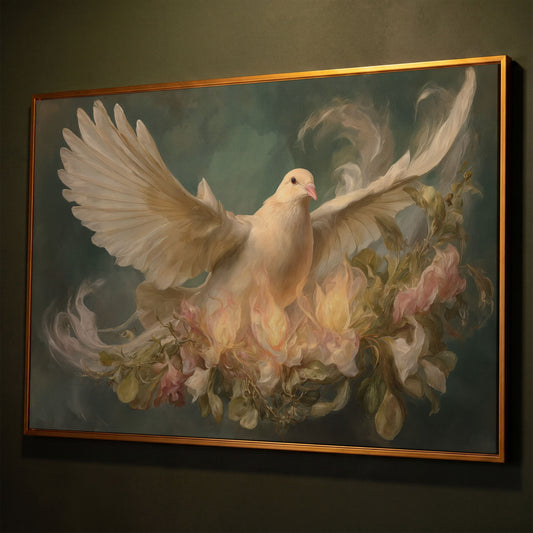 White Dove and Florals Canvas Art, Holy Spirit Wall Art shown in antique gold floating frame