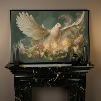 White Dove and Florals Canvas Art, Holy Spirit Wall Art in black floating frame