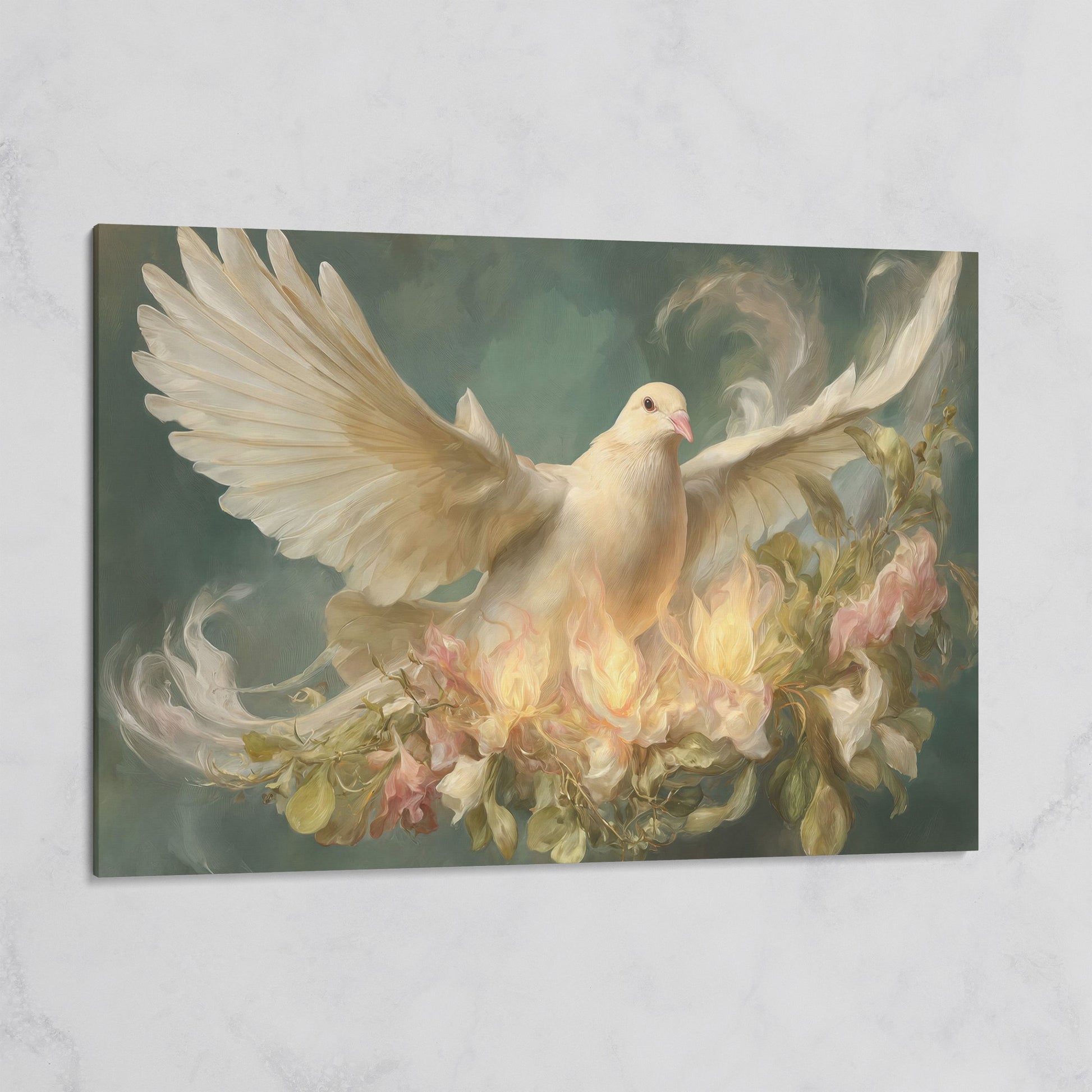 White Dove and Florals Canvas Art, Holy Spirit Wall Art on gallery wrap