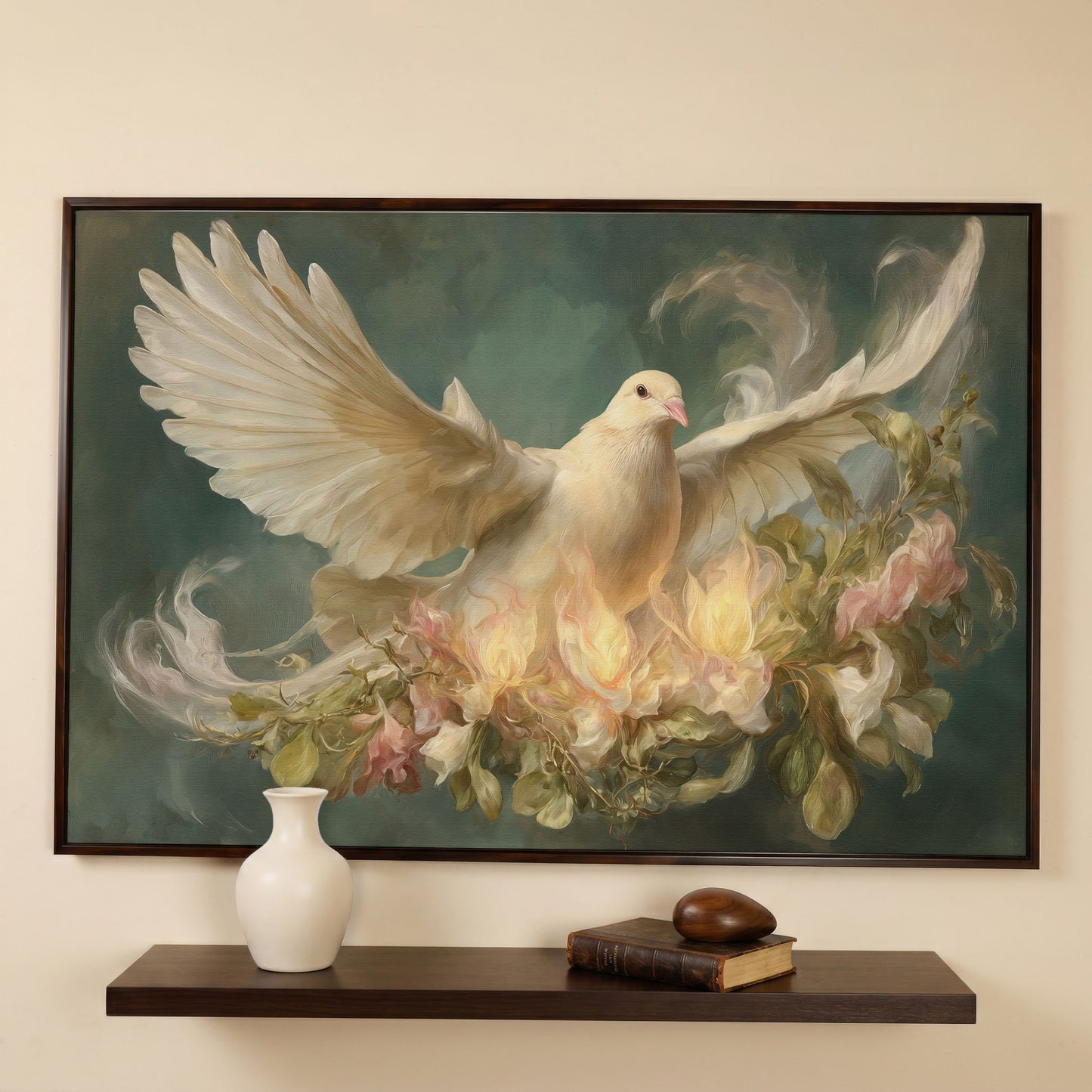 White Dove and Florals Canvas Art, Holy Spirit Wall Art in dark walnut floating frame