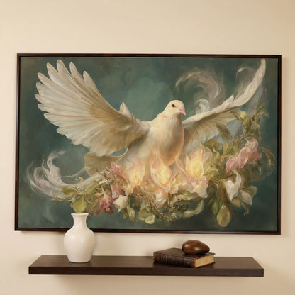 White Dove and Florals Canvas Art, Holy Spirit Wall Art in dark walnut floating frame