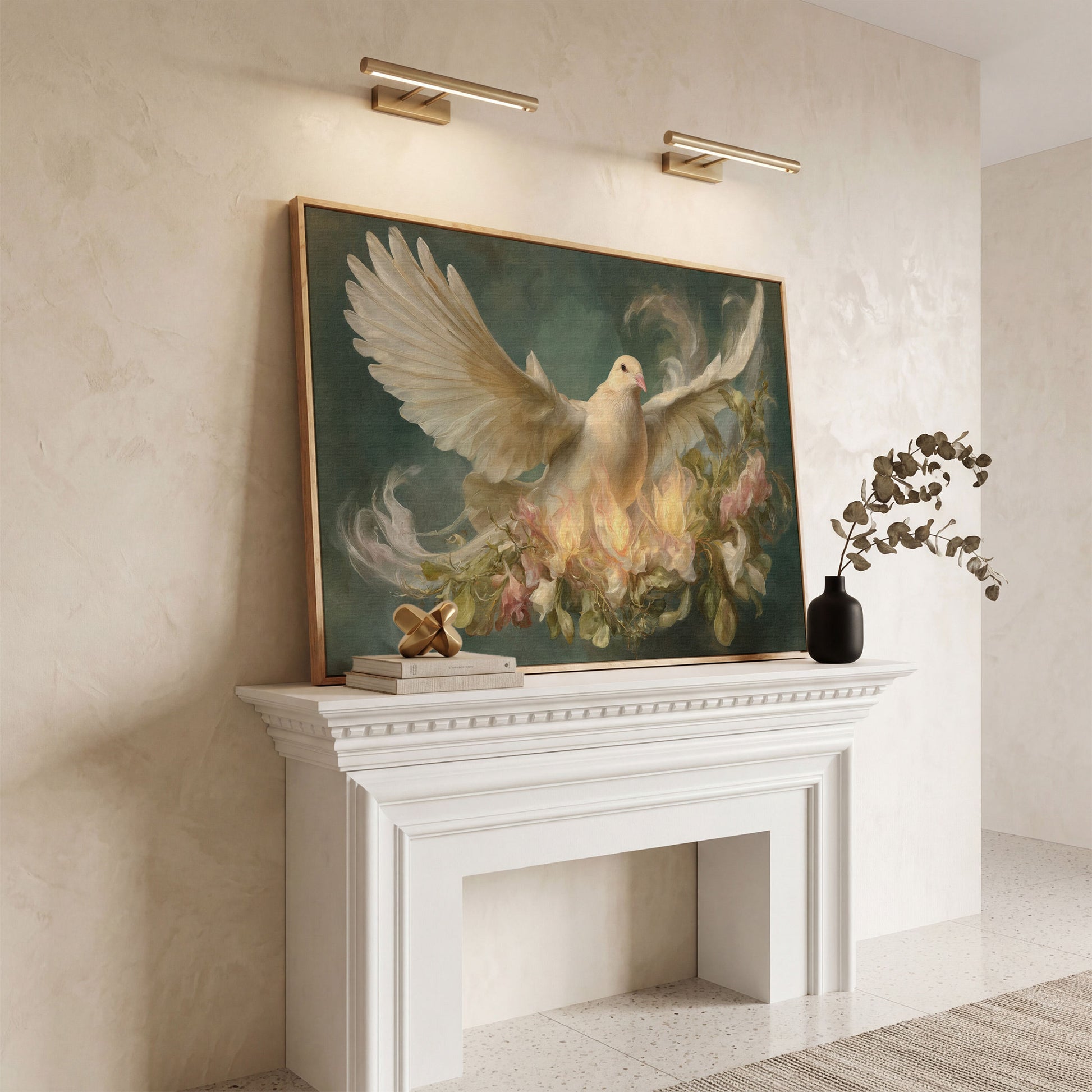 White Dove and Florals Canvas Art, Holy Spirit Wall Art in white oak floating frame