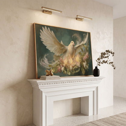 White Dove and Florals Canvas Art, Holy Spirit Wall Art in white oak floating frame