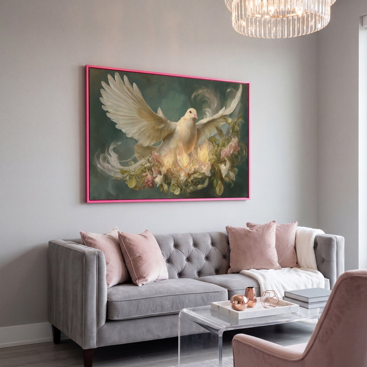 White Dove and Florals Canvas Art, Holy Spirit Wall Art in pink floating frame