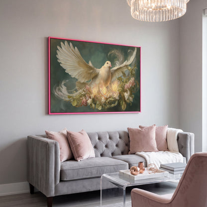 White Dove and Florals Canvas Art, Holy Spirit Wall Art in pink floating frame