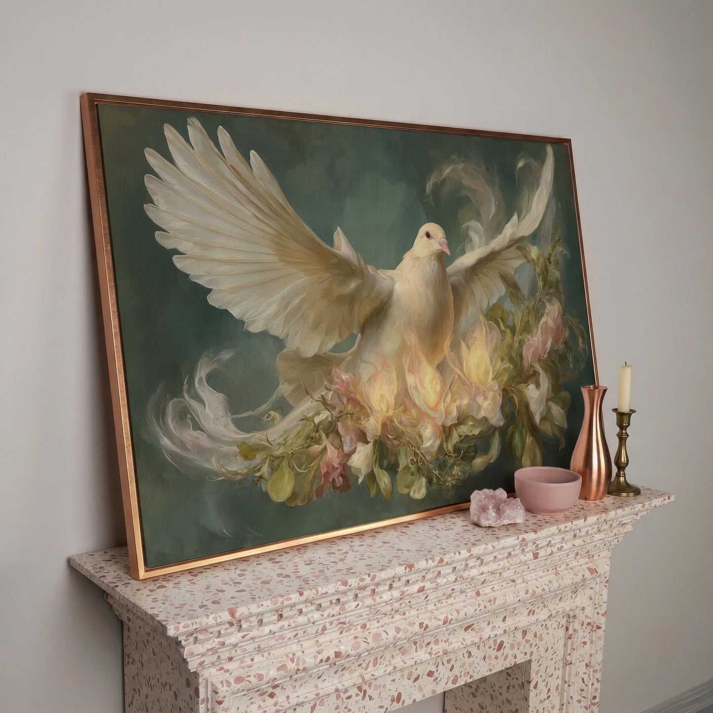 White Dove and Florals Canvas Art, Holy Spirit Wall Art in rose gold floating frame
