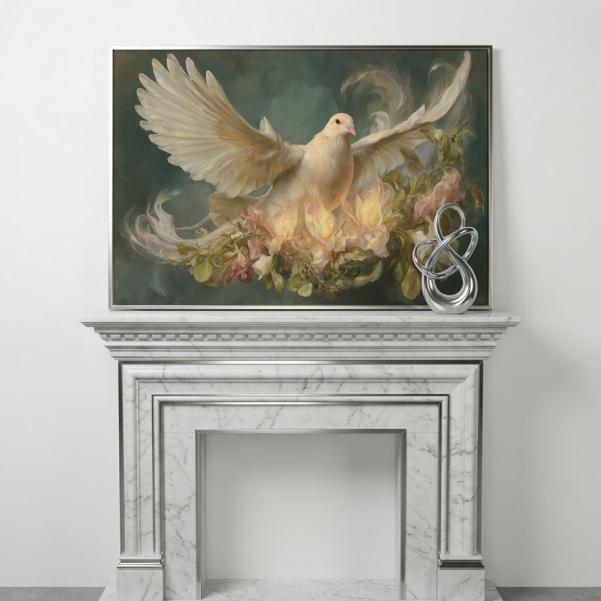 White Dove and Florals Canvas Art, Holy Spirit Wall Art in silver floating frame