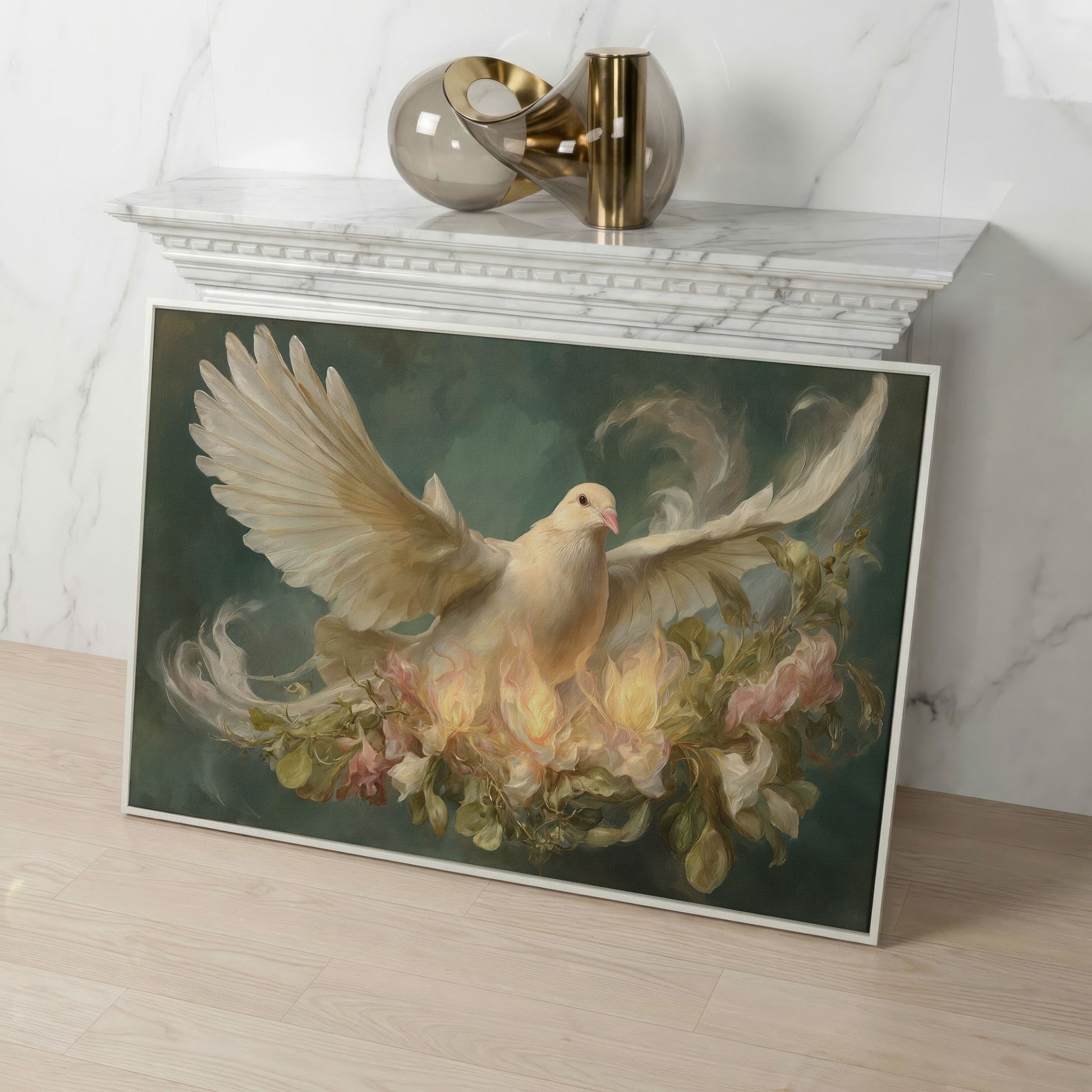 White Dove and Florals Canvas Art, Holy Spirit Wall Art in white floating frame