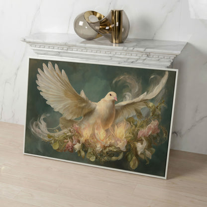 White Dove and Florals Canvas Art, Holy Spirit Wall Art in white floating frame