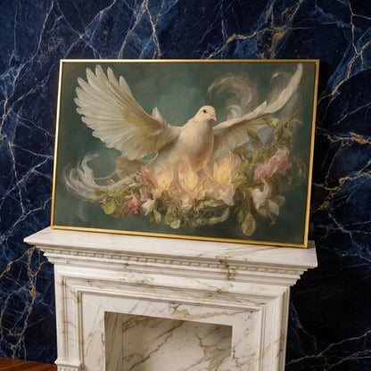 White Dove and Florals Canvas Art, Holy Spirit Wall Art in yellow gold floating frame