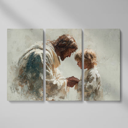 Jesus Blessing a Child, Christian Canvas Wall Art as 3-panel split version