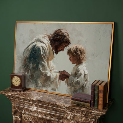 Jesus Blessing a Child, Christian Canvas Wall Art in antique gold floating frame