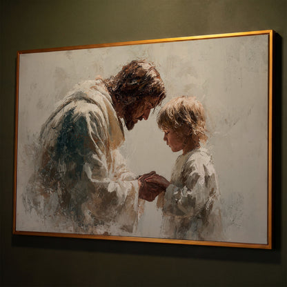 Jesus Blessing a Child, Christian Canvas Wall Art shown in antique gold floating frame