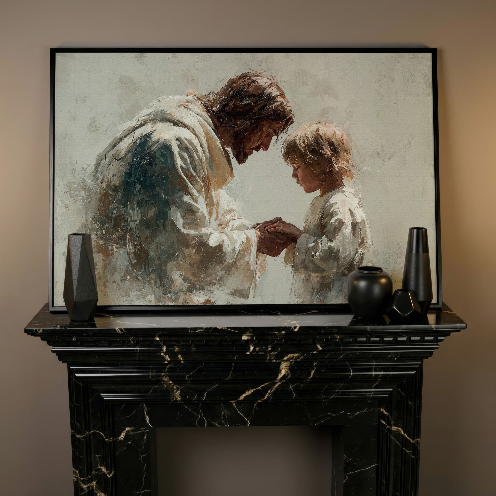 Jesus Blessing a Child, Christian Canvas Wall Art in black floating frame
