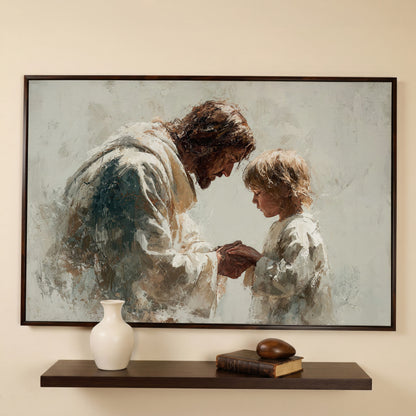 Jesus Blessing a Child, Christian Canvas Wall Art in dark walnut floating frame