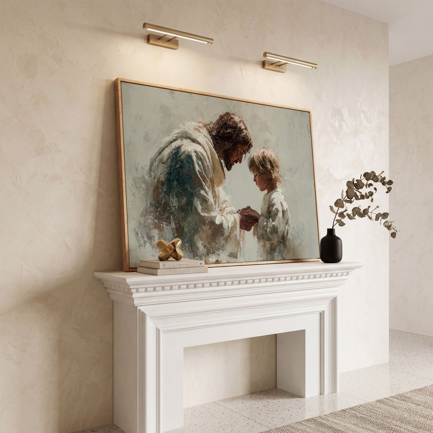 Jesus Blessing a Child, Christian Canvas Wall Art in white oak floating frame