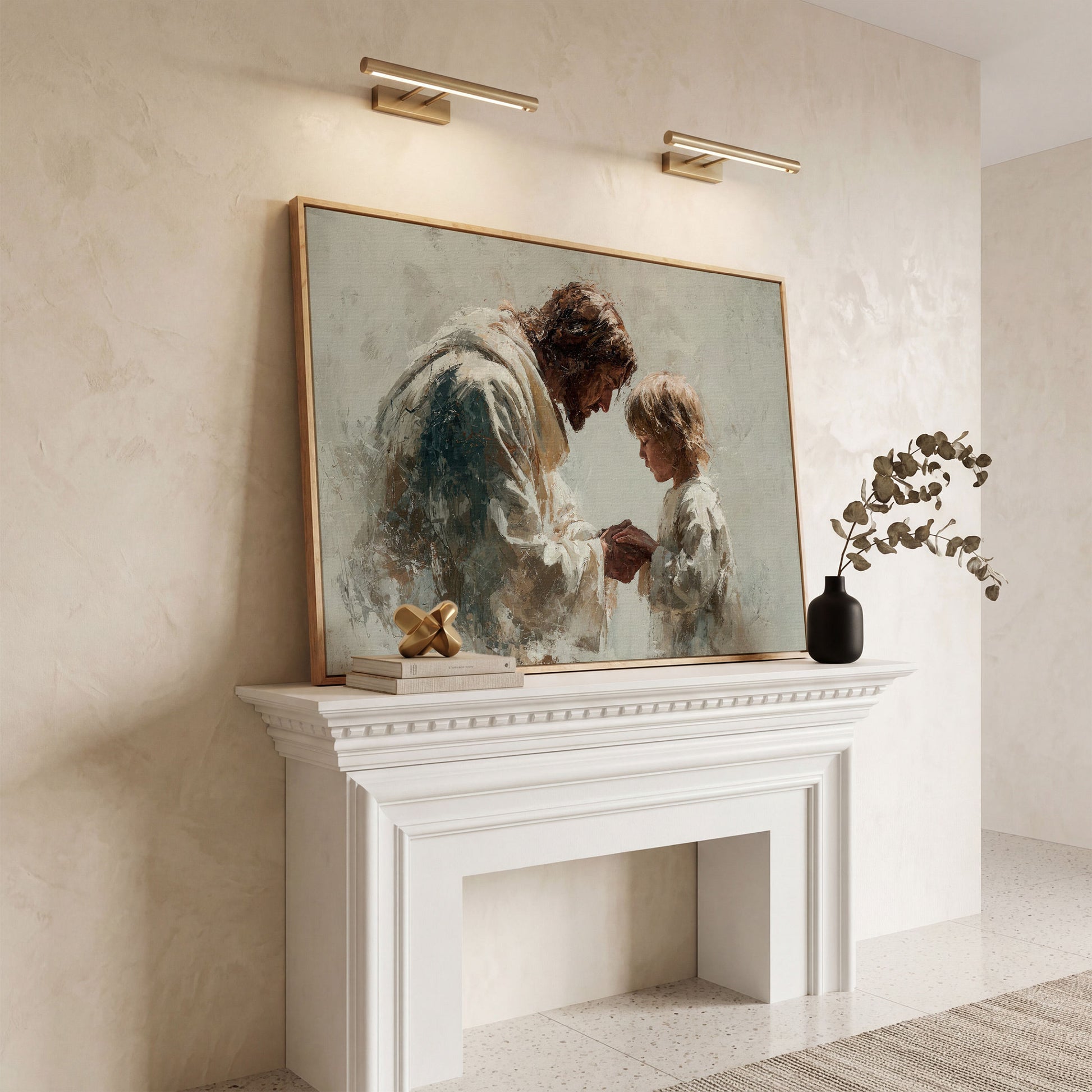 Jesus Blessing a Child, Christian Canvas Wall Art in white oak floating frame