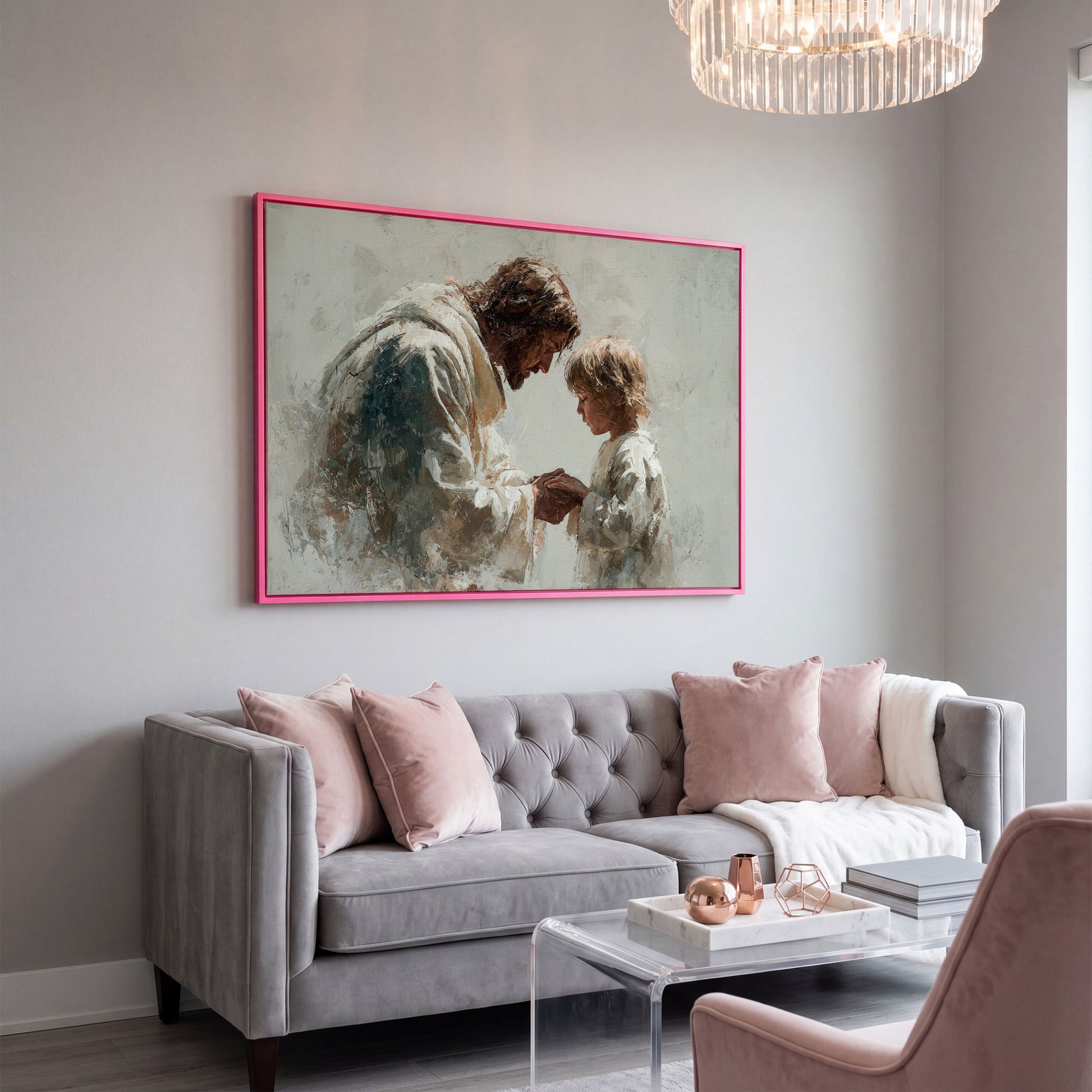 Jesus Blessing a Child, Christian Canvas Wall Art in pink floating frame