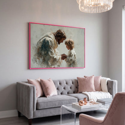 Jesus Blessing a Child, Christian Canvas Wall Art in pink floating frame