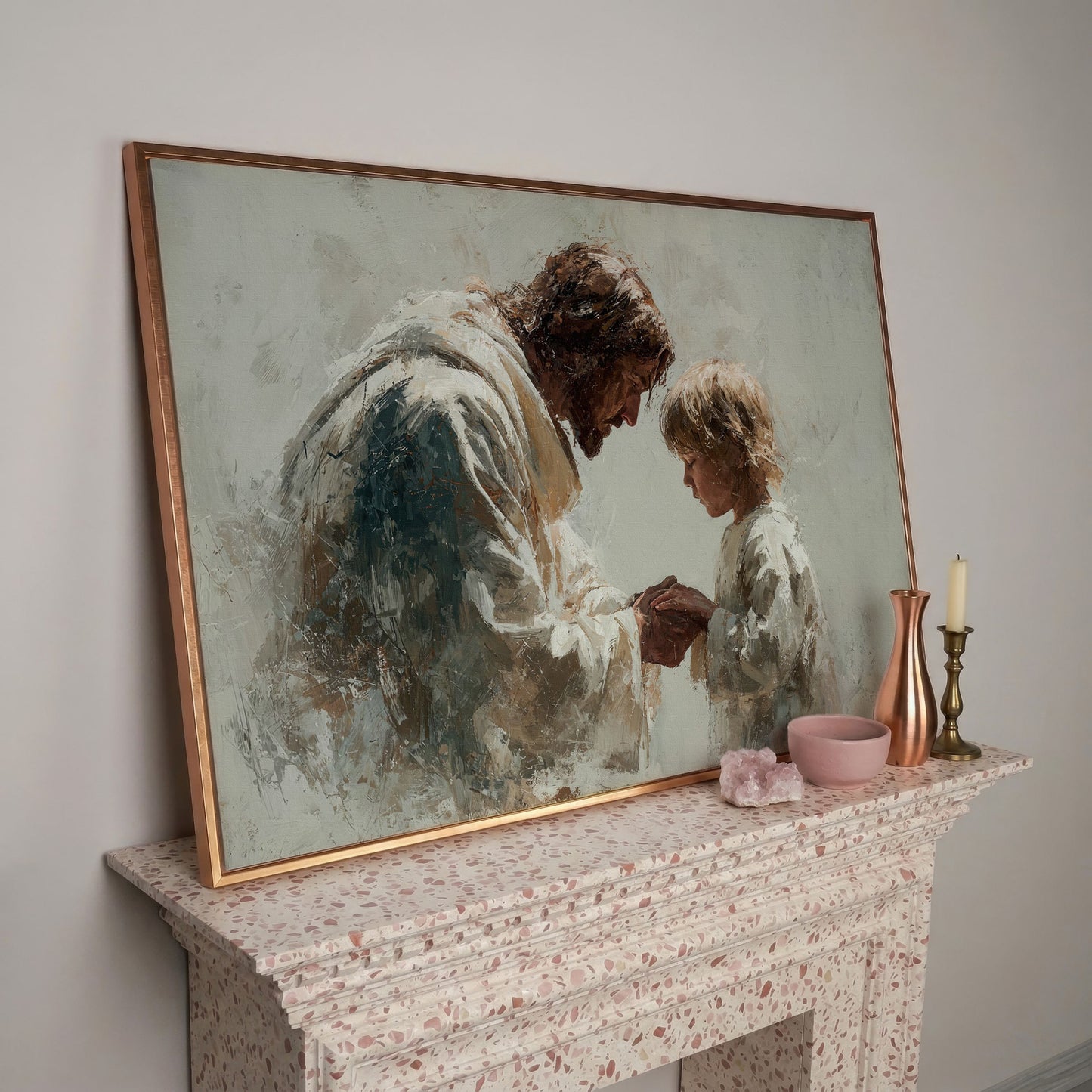 Jesus Blessing a Child, Christian Canvas Wall Art in rose gold floating frame