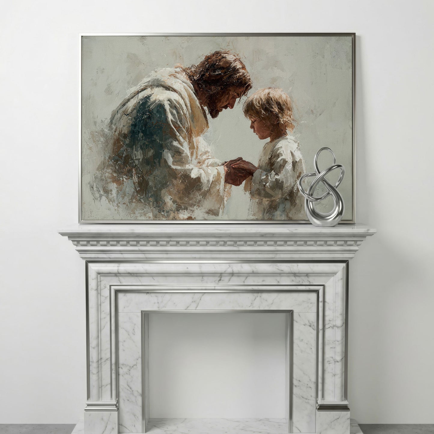 Jesus Blessing a Child, Christian Canvas Wall Art in silver floating frame