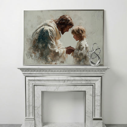 Jesus Blessing a Child, Christian Canvas Wall Art in silver floating frame