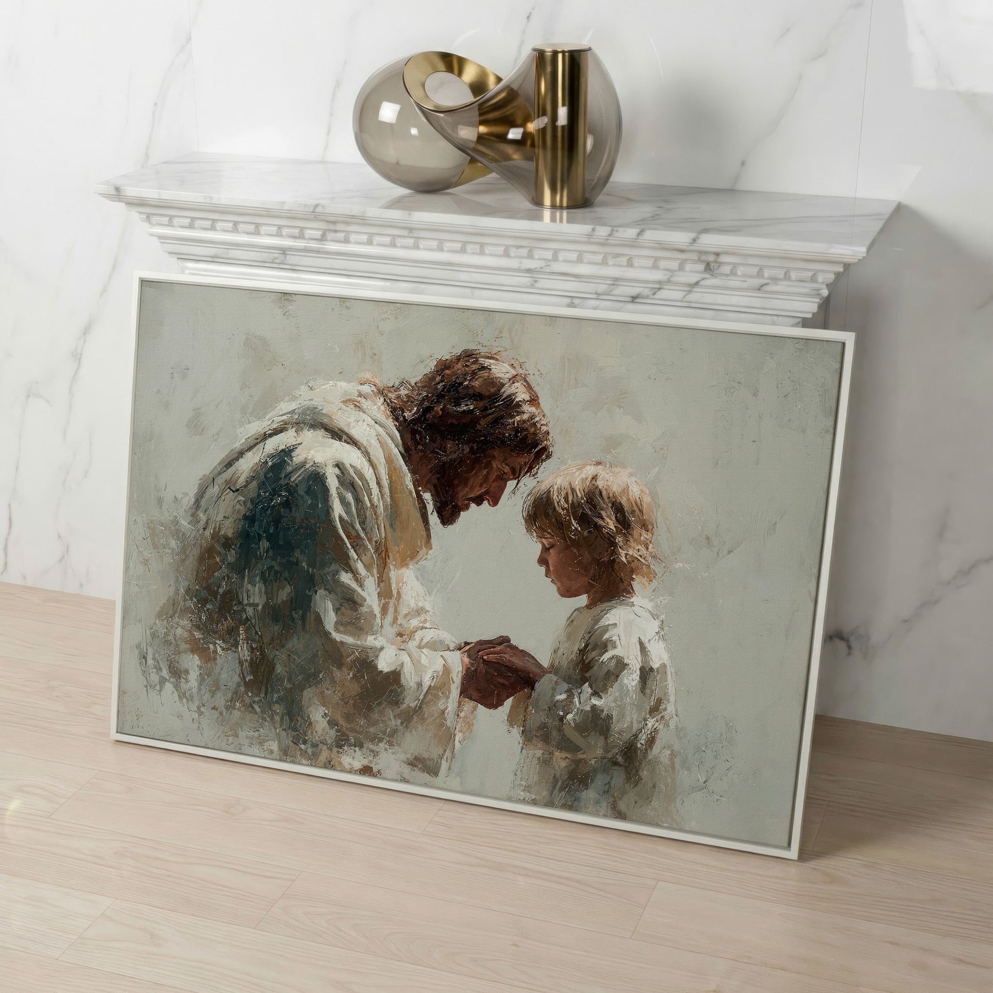 Jesus Blessing a Child, Christian Canvas Wall Art in white floating frame
