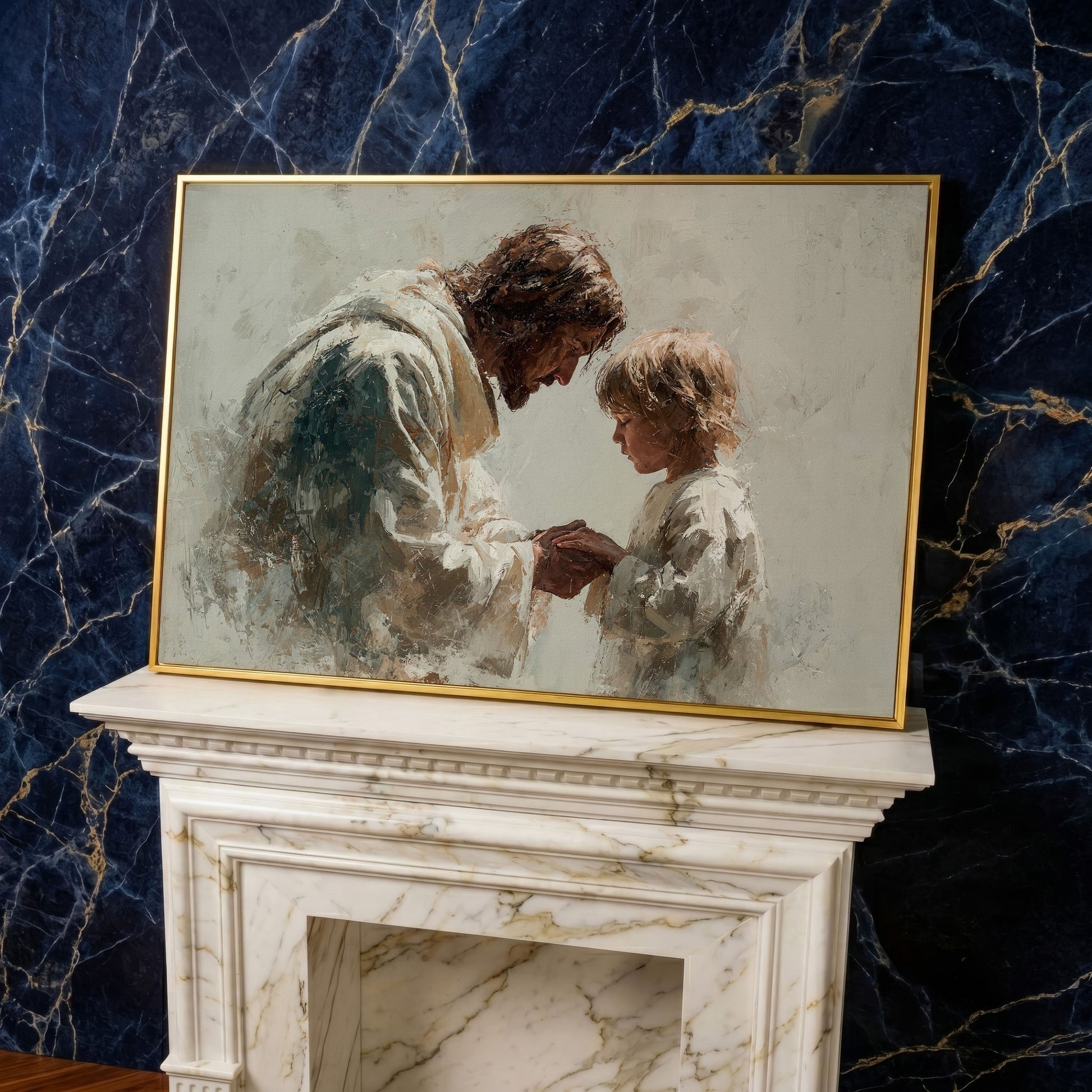 Jesus Blessing a Child, Christian Canvas Wall Art in yellow gold floating frame