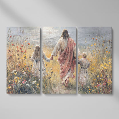 Jesus Walking with Children Through Wildflowers Canvas Art as 3-panel split version