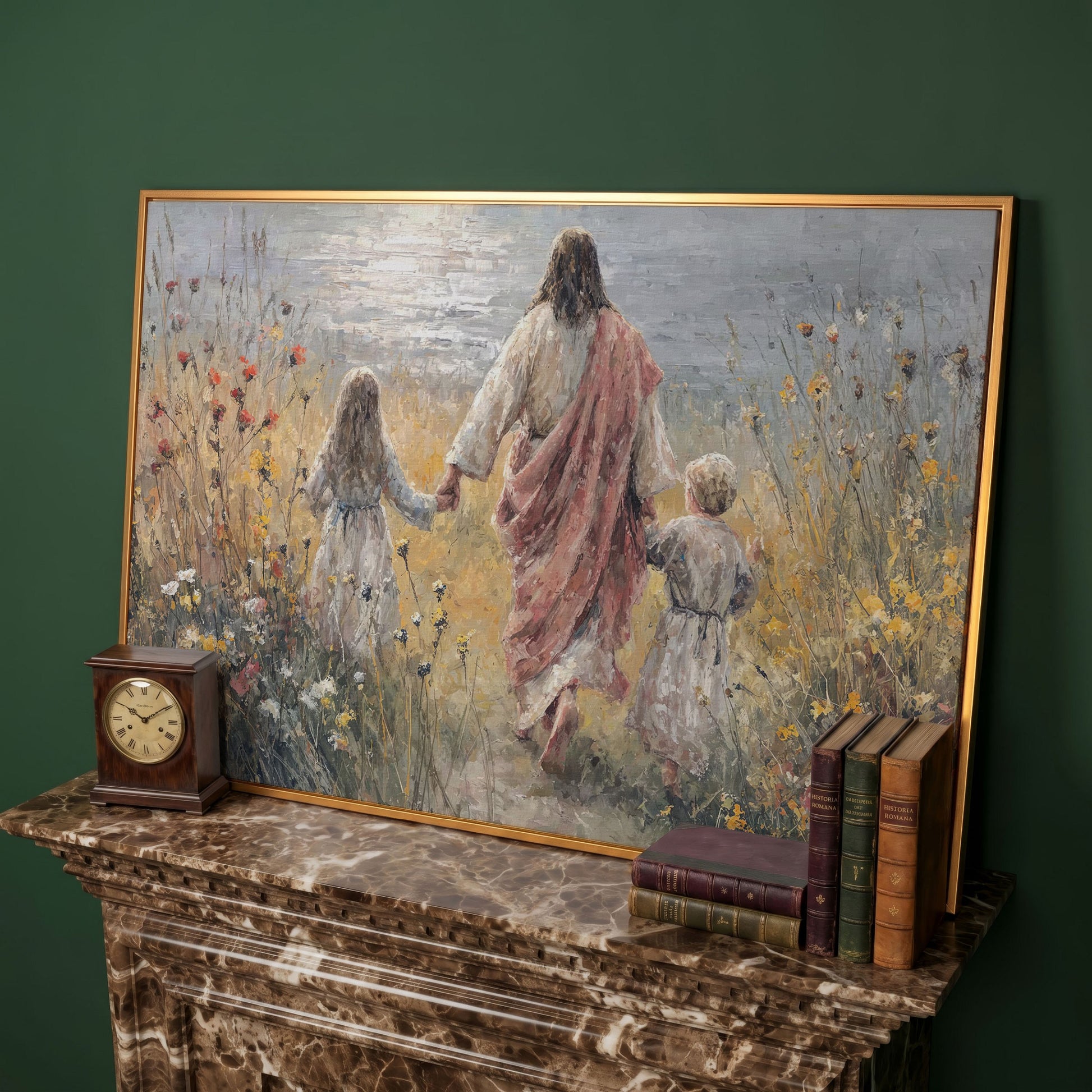 Jesus Walking with Children Through Wildflowers Canvas Art in antique gold floating frame