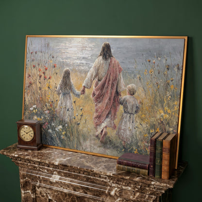 Jesus Walking with Children Through Wildflowers Canvas Art in antique gold floating frame